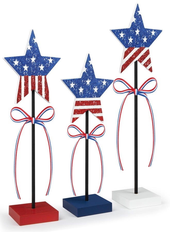 Sereliy 3 PCS Veterans Day Table Decorations Wooden Star Set, Rustic Patriotic 4th of July Tiered Tray Decor, Red White and Blue Decorations Veterans Day for Home (Stripe) - Image 1